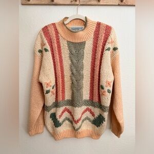 Bramble Lane Hand Knitted Sweater in Peach and Green Tones- Size Medium